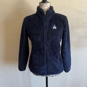 Disney World Parks Navy Blue Full Zip Sherpa Fleece Jacket with Castle Logo
